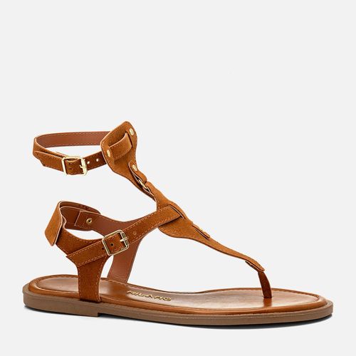 Sandália Rasteira de Dedo Fechada Estilo Gladiadora Recortes Tachas Feminino Milano Caramelo 14401