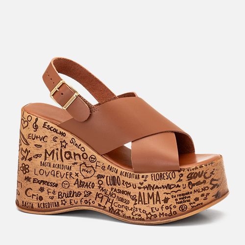 Sandália Plataforma Salto Anabela Feita em Couro Estampa Exclusiva Feminino Milano Caramelo 14418