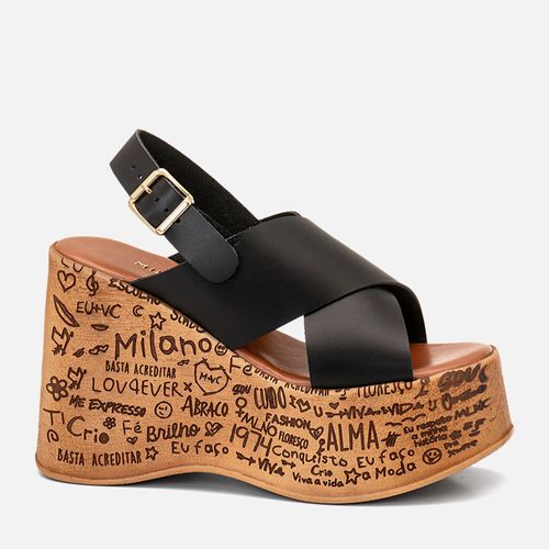 Sandália Plataforma Salto Anabela Feita em Couro Estampa Exclusiva Feminino Milano Preto 14418