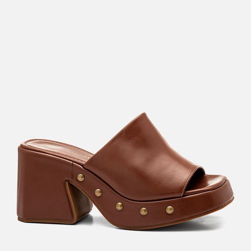 Sandália tipo Tamanco Plataforma Aberto Salto Alto Tachas Boho Feminino Milano Marrom 14277