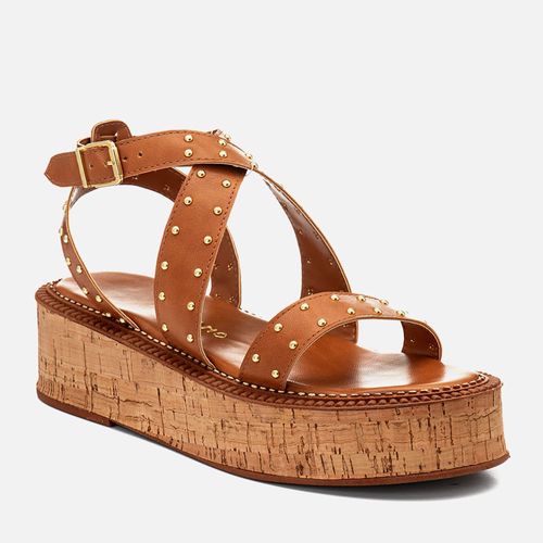 Sandália Papete Sola Alta Plataforma Cortiça Natural e Rebite Feminino Milano Caramelo 14590