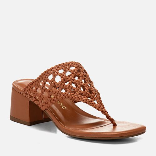 Sandália Tamanco Salto Médio Bloco Tira Thong ou de Dedos Tressê Tramado Feminino Milano Caramelo 14588