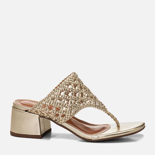 Sandália Tamanco Salto Médio Bloco Tira Thong ou de Dedos Tressê Tramado Feminino Milano Ouro Light 14588