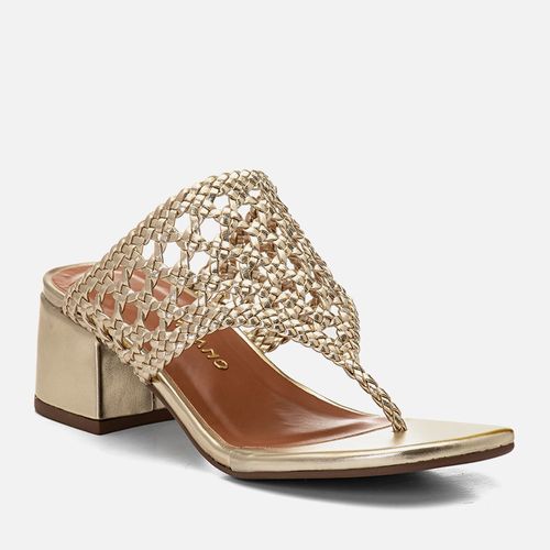 Sandália Tamanco Salto Médio Bloco Tira Thong ou de Dedos Tressê Tramado Feminino Milano Ouro Light 14588