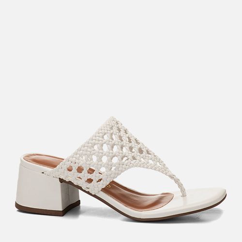 Sandália Tamanco Salto Médio Bloco Tira Thong ou de Dedos Tressê Tramado Feminino Milano Branco 14588