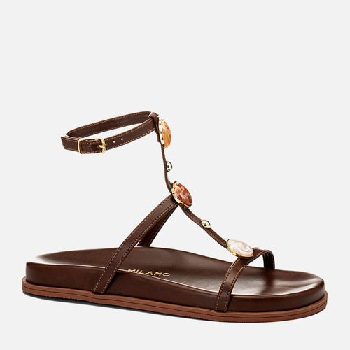 Sandália Papete Tiras Cruzadas Mix Peça Metalizada Pedraria e Metal Feminino Milano Marrom 14603