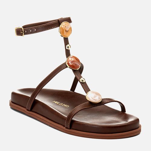 Sandália Papete Tiras Cruzadas Mix Peça Metalizada Pedraria e Metal Feminino Milano Marrom 14603