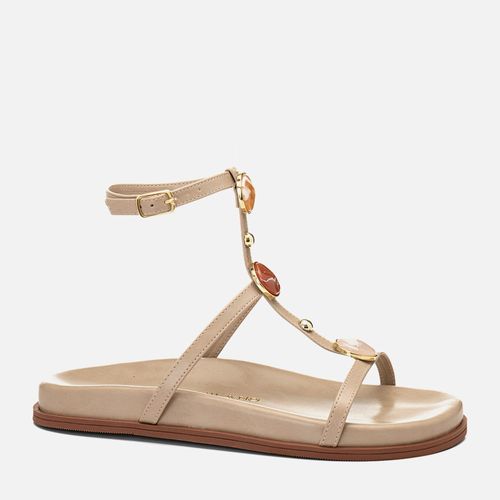 Sandália Papete Tiras Cruzadas Mix Peça Metalizada Pedraria e Metal Feminino Milano Bege 14603