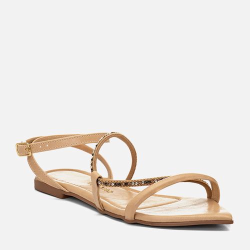 Sandália Rasteira Bico Folha Brilho Mix de Pedrarias Strass e Corrente Feminino Milano Bege 14604