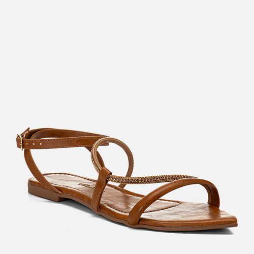 Sandália Rasteira Bico Folha Brilho Mix de Pedrarias Strass e Corrente Feminino Milano Caramelo 14604