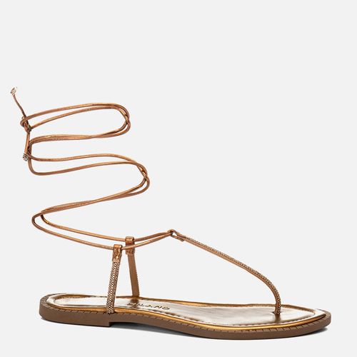 Sandália Rasteira Tira Finas Brilho Manta de Strass e Amarração Tornozelo  Feminino Milano Bronze 14605