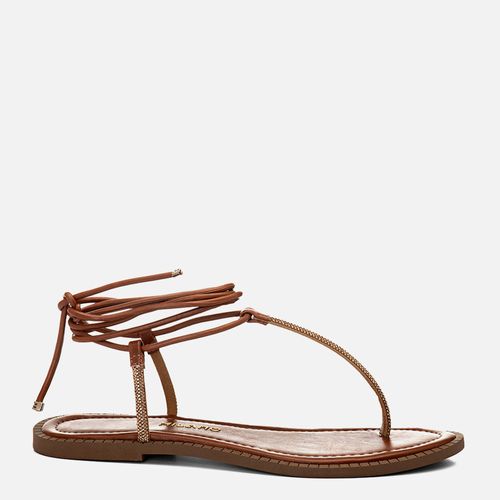 Sandália Rasteira Tira Finas Brilho Manta de Strass e Amarração Tornozelo  Feminino Milano Caramelo 14605