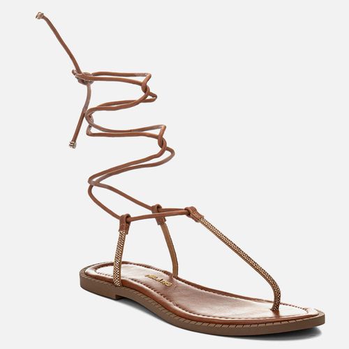 Sandália Rasteira Tira Finas Brilho Manta de Strass e Amarração Tornozelo  Feminino Milano Caramelo 14605