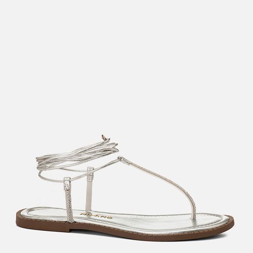 Sandália Rasteira Tira Finas Brilho Manta de Strass e Amarração Tornozelo  Feminino Milano Prata 14605