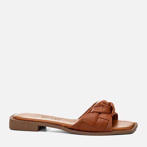 Sandália Rasteira Aberta Salto Baixo Tramado Tressê e Nozinho Feminino Milano Caramelo 14602