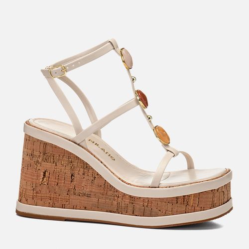 Sandália Plataforma Anabela Mix Peça Metalizada e Pedraria Resina Tachas Feminino Milano Off White 14595