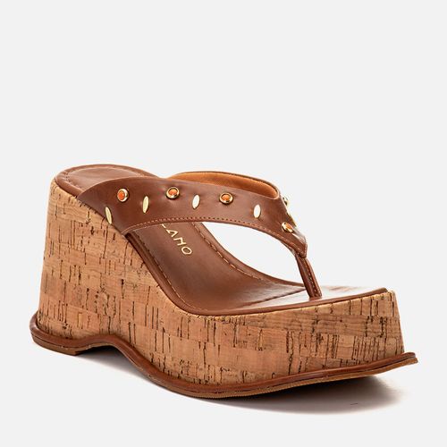 Sandália Plataforma Papete Mix Peça Metalizada e Pedraria Resina Tachas Feminino Milano Caramelo 14596