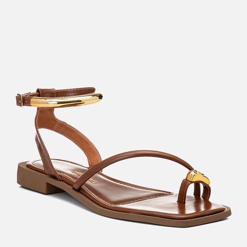 Sandália Salto Bloco Baixo Ring Toe Peça Metalizada Orgânica Feminino Milano Caramelo 14372