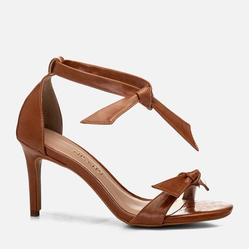 Sandália Salto Alto Clássica Duas Tiras com Detalhe em Amarração com Laço Feminino Milano Caramelo 14644