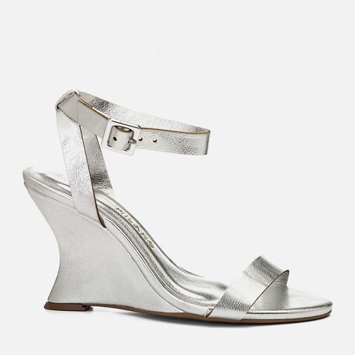 Sandália Anabela Duas Tiras Salto Escultural Wedge Fechada Feminino Milano Prata 14412
