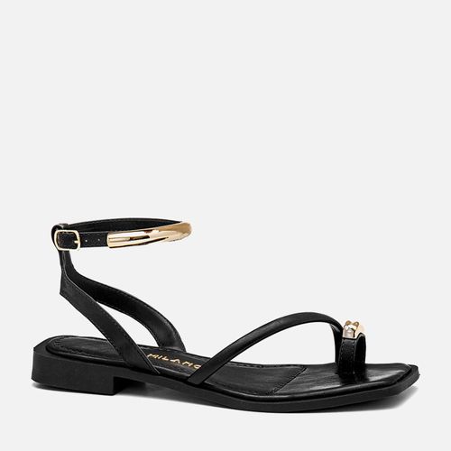 Sandália Salto Bloco Baixo Ring Toe Peça Metalizada Formato Orgânico Feminino Milano Preto 14372