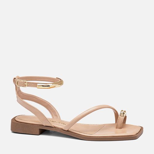 Sandália Salto Bloco Baixo Ring Toe Peça Metalizada Formato Orgânico Feminino Milano Bege 14372