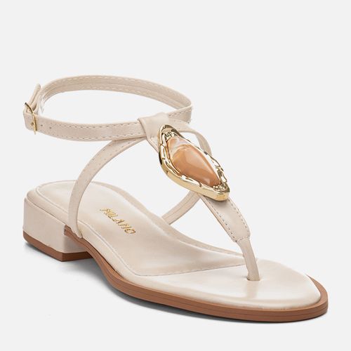 Sandália Salto Bloco Baixo Tiras Cruzadas com Pedraria Resina Jóia Feminino Milano Off White 14374