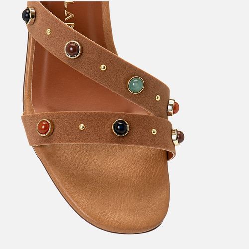 Sandália Salto Medio Bloco Madeira Metais e Tachas Boho Multicolor Feminino Milano Caramelo 14406