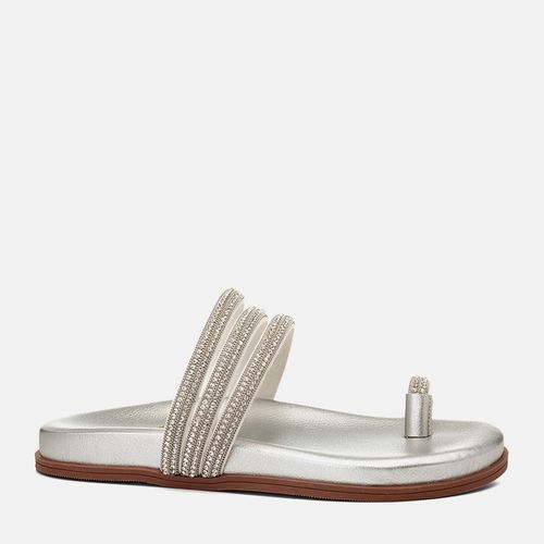 Sandália Papete Ring Toe ou Anel de Dedo Mix Strasss Multicolor Corrente Feminino Milano Prata 14652