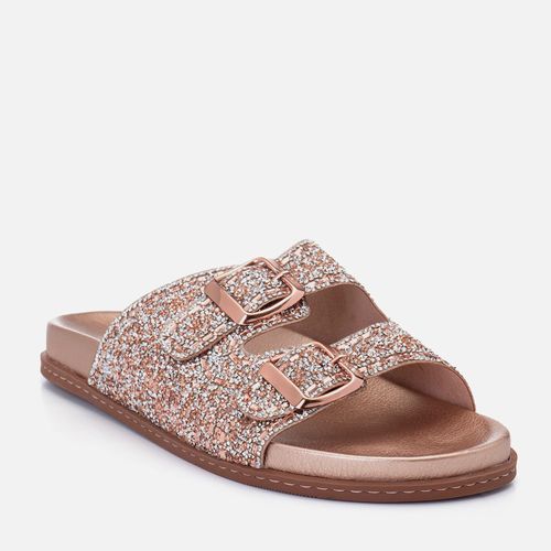 Sandália Papete Metalizada Anatômica Cravejada Pedrarias Fivela Feminino Milano Rosa 14700