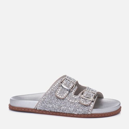 Sandália Papete Metalizada Anatômica Cravejada Pedrarias Fivela Feminino Milano Prata 14700