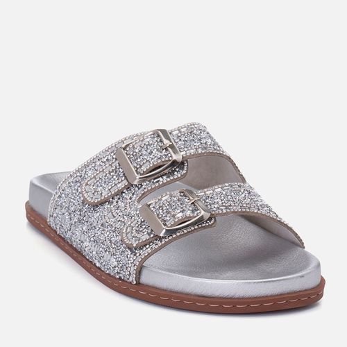 Sandália Papete Metalizada Anatômica Cravejada Pedrarias Fivela Feminino Milano Prata 14700