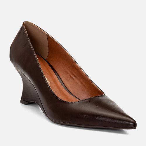 Scarpin Anabela Fechado Salto Escultural Geométrico Wedge Bico Fino Feminino Milano Café 14678