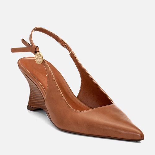 Scarpin Anabela Aberta Slingback Moeda Boho Salto Geométrico Escultural Feminino Milano Caramelo 14679