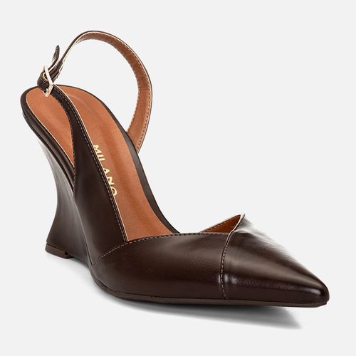 Scarpin Anabela Aberta Slingback Salto Geométrico Escultural Decote V Feminino Milano Café 14680