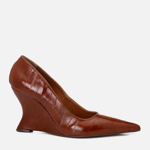 Scarpin Anabela Salto Alto Texturizado Salto Geométrico Wedge Feminino Milano Marrom 14683