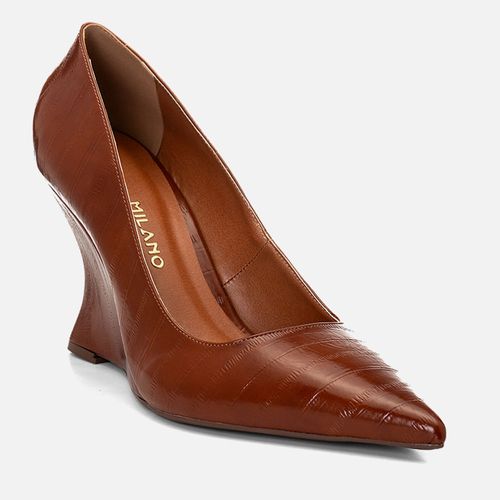 Scarpin Anabela Salto Alto Texturizado Salto Geométrico Wedge Feminino Milano Marrom 14683