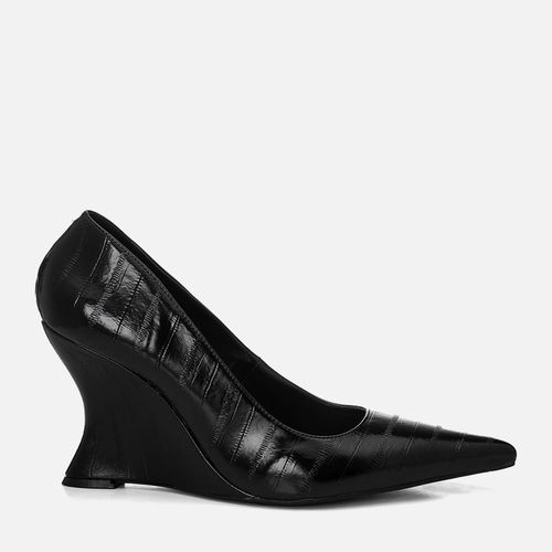 Scarpin Anabela Salto Alto Texturizado Salto Geométrico Wedge Feminino Milano Preto 14683