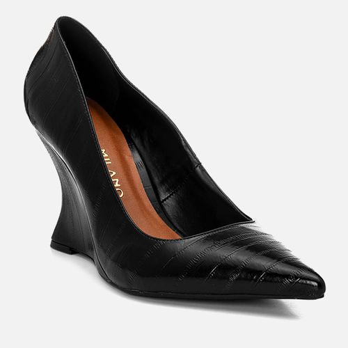 Scarpin Anabela Salto Alto Texturizado Salto Geométrico Wedge Feminino Milano Preto 14683