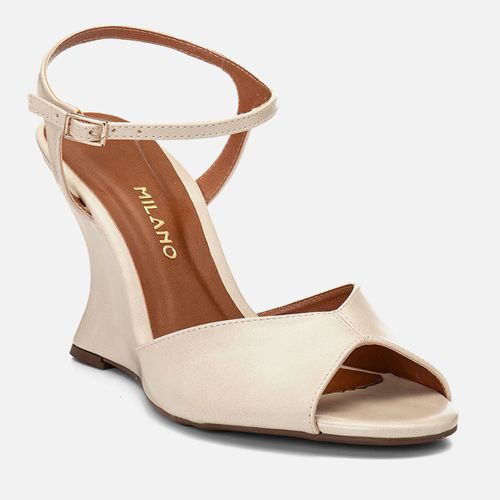 Sandália Anabela Aberta Salto Alto Geométrico Wedge Decote V  Feminino Milano Off White 14684