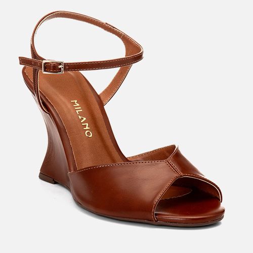 Sandália Anabela Aberta Salto Alto Geométrico Wedge Decote V  Feminino Milano Marrom 14684