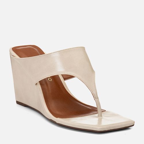 Sandália Tamanco Salto Anabelado Alto e Tira Thong Bico Quadrado Feminino Milano Off White 14686