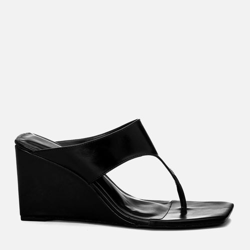 Sandália Tamanco Salto Anabelado Alto e Tira Thong Bico Quadrado Feminino Milano Preto 14686