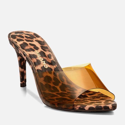 Sandália Tamanco Salto Alto Animal Print Bico Folha e Tira Transparente Feminino Milano Onça 14687