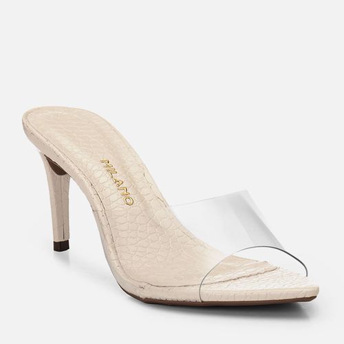 Sandália Tamanco Salto Alto Animal Print Bico Folha e Tira Transparente Feminino Milano Off White 14687