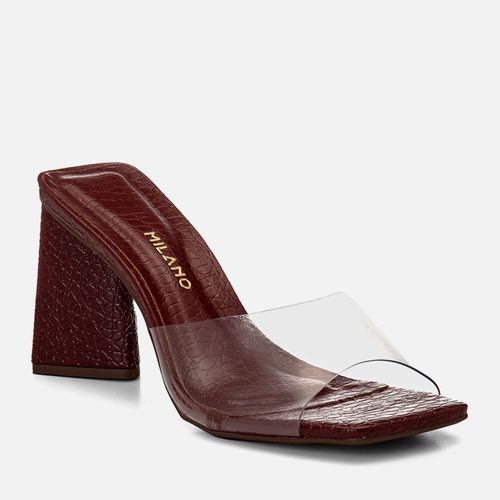 Sandália Tamanco Salto Alto Bloco Geométrico Animal Print Tira Transparente Feminino Milano Bordo 14688