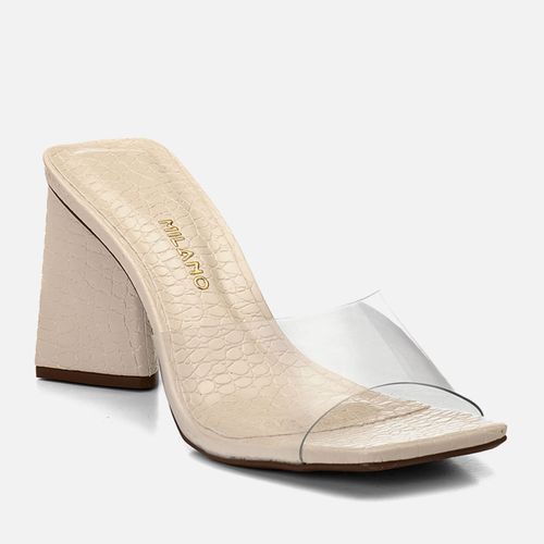 Sandália Tamanco Salto Alto Bloco Geométrico Animal Print Tira Transparente Feminino Milano Off White 14688