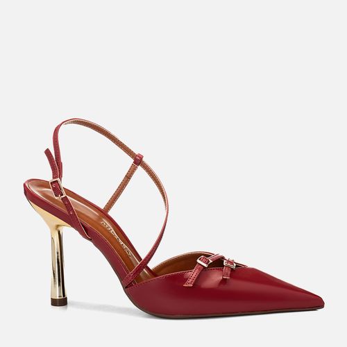 Scarpin Salto Alto Fino Metalizado Dourado Tiras Cruzadas Fivela Decote V Feminino Milano Bordo 14681