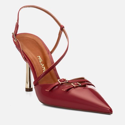 Scarpin Salto Alto Fino Metalizado Dourado Tiras Cruzadas Fivela Decote V Feminino Milano Bordo 14681