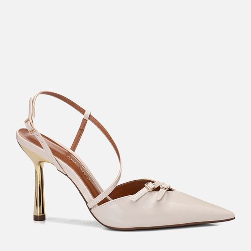 Scarpin Salto Alto Fino Metalizado Dourado Tiras Cruzadas Fivela Decote V Feminino Milano Off White 14681